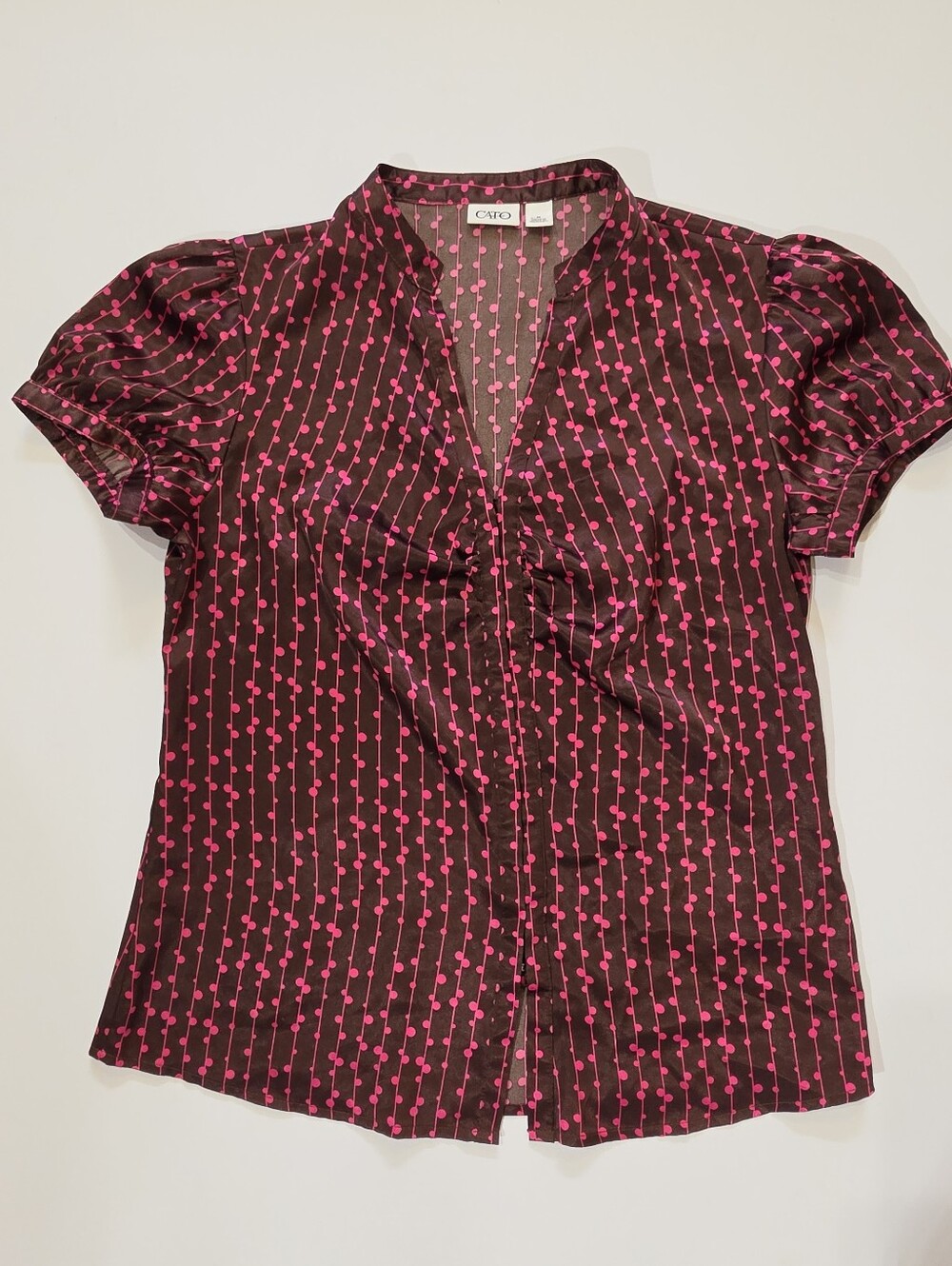 Cato Blouse Womens Medium Brown Pink Dots And Stripes Gathered Front Cottagecore
